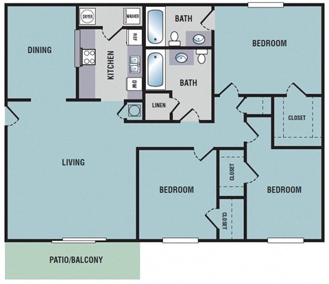 Northwood Place Apartments Meridian, MS 3 Bedroom Floor Plan 2D